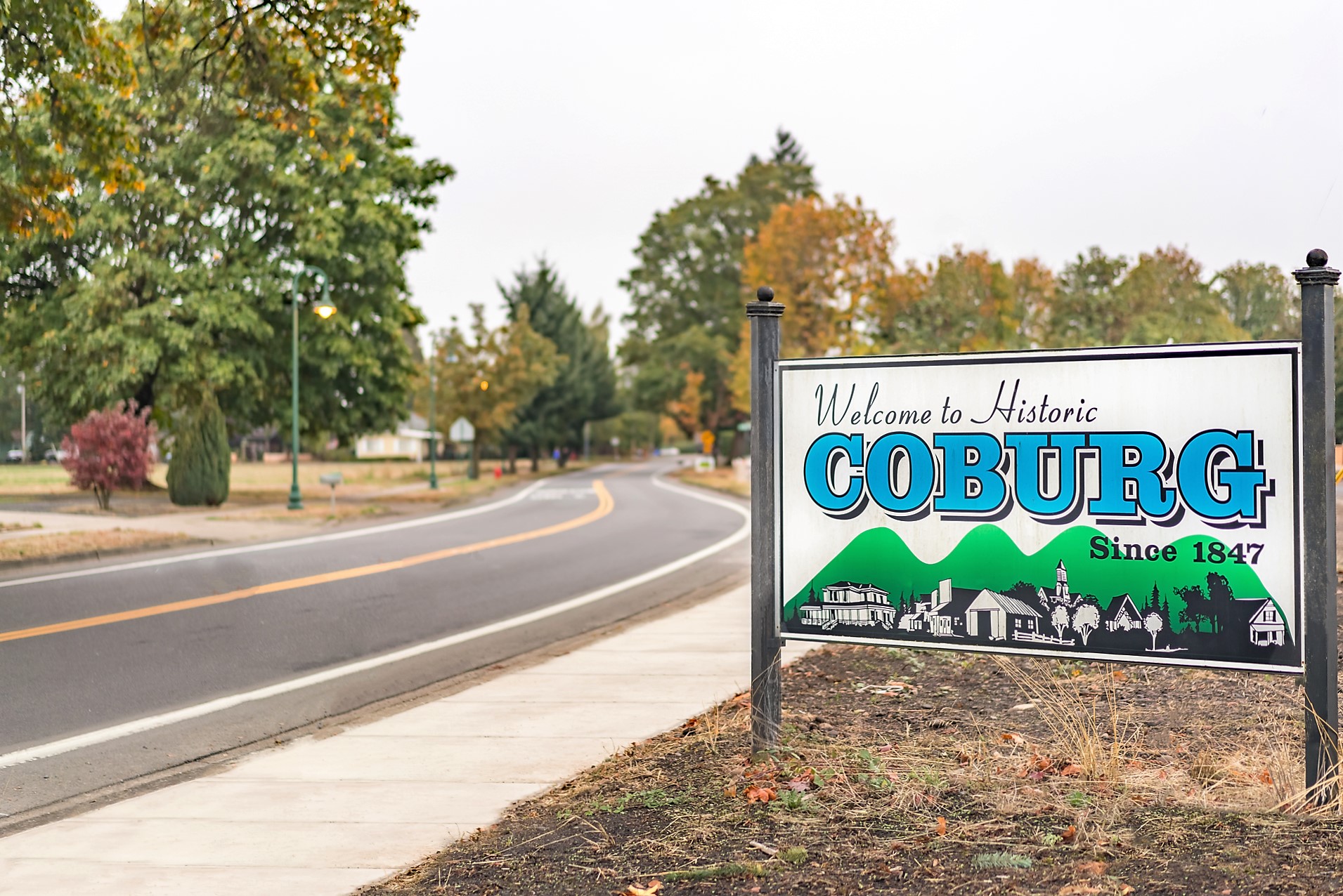 Welcome to Coburg, Oregon sign along Van Duyn St.